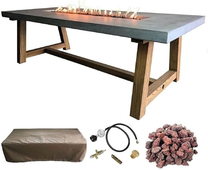 Elementi | Sonoma Gas Fire Pit Cast Concrete Rectangular Dining Fire Table, Outdoor Fire Pit Electronic Ignition | Canvas Cover, Lava Rock Included | Natural Gas