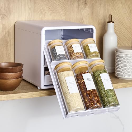 YouCopia SpiceStack,18-Bottle Adjustable Spice Rack Organizer, Pull-Out Seasoning Holder for Kitchen Cabinet and Pantry Storage with 104 Labels and Adjustable Dividers, Speckled White - style: 18-Bottle