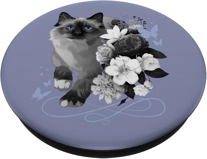 Siamese cat with flowers vintage look floral Siam Cat PopSockets Adhesive PopGrip