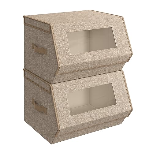 SONGMICS Stackable Storage Bins Set of 2, Storage Boxes with Lids and Front Windows, Non-Woven Fabric Closet Organizers with Magnetic Closures, Side Handles, Sand Beige URLB002Y01 - color: Sand Beige