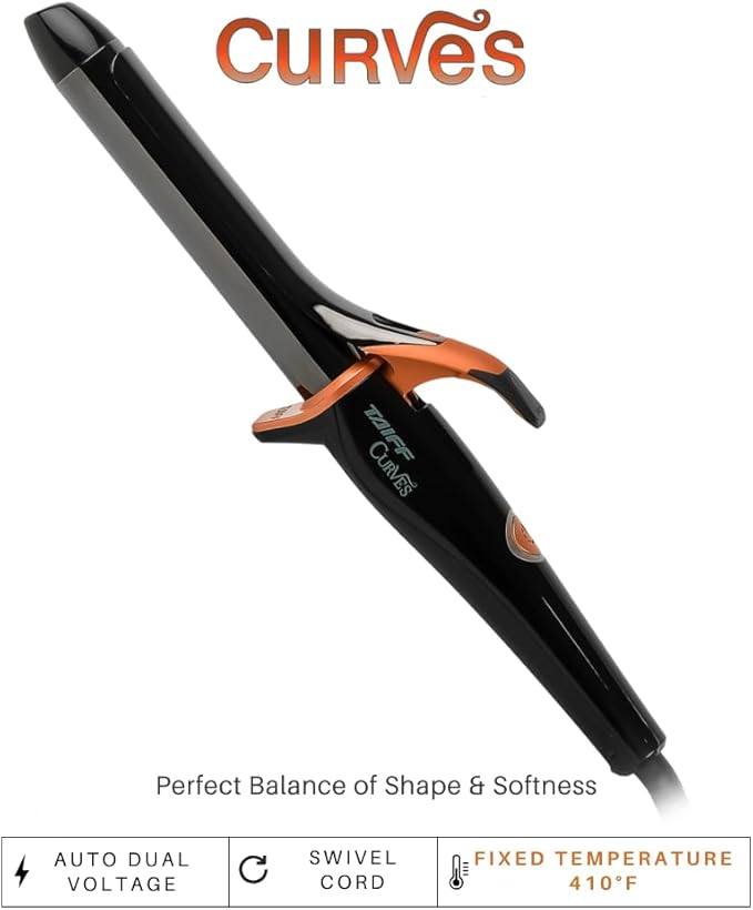 TAIFF Curves Professional Black Titanium Curling Iron – High-Performance Hair Curler & Rizadora para Cabello with Dual Voltage | Fixed Temperature 410°F | 1”
