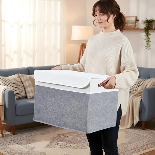DECOMOMO Large Toy Storage Box with Lid - 25L x 12W x 16H inches Toy Chest Storage Bin with Divider for Kids, Nursery, Playroom (Grey & White)