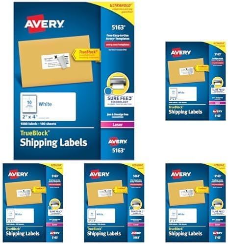 Avery Printable Shipping Labels with Sure Feed,2" x 4" Customizable Stickers,White,1,000 Blank Mailing Labels,Great for Mailing,Shipping,and More (5163),(Pack of 5)