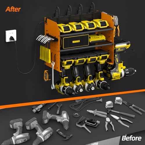 Power Tool Organizer Wall Mount, Modular Tool Storage with Charging Station, Garage 4 Drill Storage Shelf with Hooks, Hammer/Plier Holder, 8 Outlet Power Strip, Heavy Duty Rack for Workshop