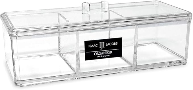 Isaac Jacobs 3-Compartment Clear Acrylic Rectangular Stackable Organizer with Lid, Multi-Sectional Drawer Tray, Storage Solution for Makeup, Craft Supplies, for Bathroom, Kitchen, Office (1, Clear)