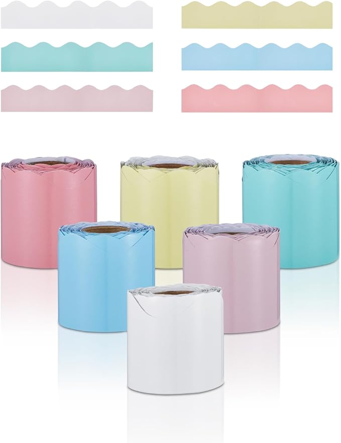 VEVOR Bulletin Board Borders, 6 Rolls 32.8 Feet Scalloped Bulletin Board Borders, Boho Rolled Border Trim with Wavy Line Design, Colorful Pastel Borders for School Classroom Party & Wall Decoration