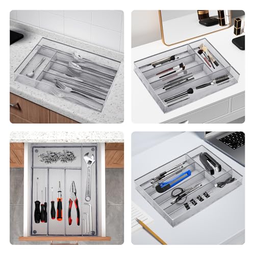 Neudeco Silverware Drawer Organizer - 5 Compartment Cutlery Tray with Non-Slip Feet, Mesh Wire Flatware Storage Divider for Kitchen, Bedroom, Living Room (Silver) - color: Silver