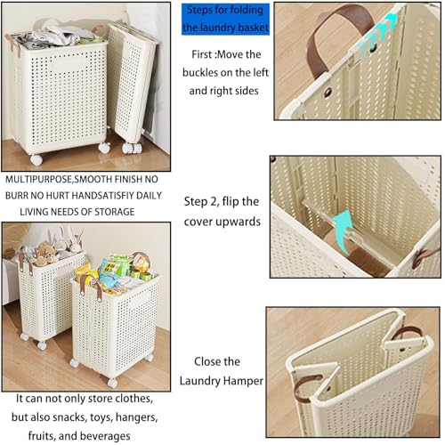 WESAPPINC Collapsible Large Laundry Hamper, Plastic Laundry Basket with Wheels,Suitable for Bathroom, Bedroom, Dorm Room & Laundry Room,Basket with Handle (Cream color) - color: 55L Cream