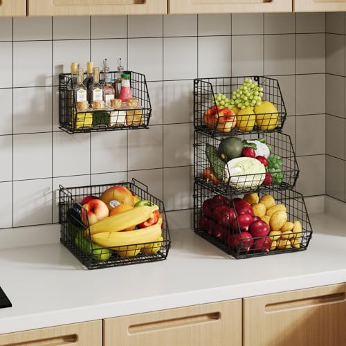 X-cosrack Stackable Wire Baskets for Counter, Fruit and Vegetable Storage, Potato and Onion Storage Bin，Kitchen Pantry Organizer - Wall Basket for Produce/Snack/Can, 3-tier Large, Black - size: 3-tier Large