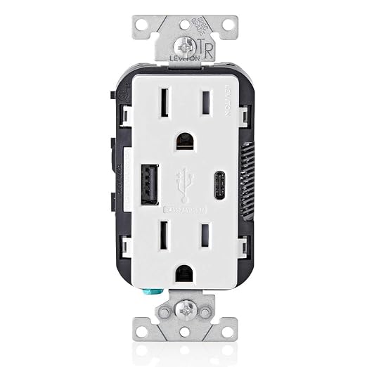 Leviton 30W (6A) USB Dual Type-C/C Power Delivery In-Wall Charger with 15A Tamper-Resistant Outlet USB Charger for Smartphones Tablets Laptops T5635-E Black