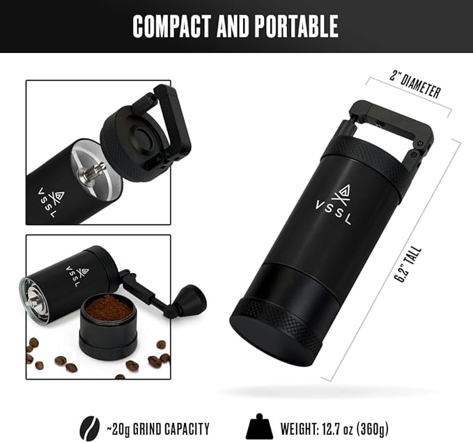VSSL JAVA Manual Hand Coffee Grinder. 50 adjustable grind settings for Aeropress, French Press, Drip Coffee, Espresso with best-in-class stainless steel burrs. 20g capacity Black 6''