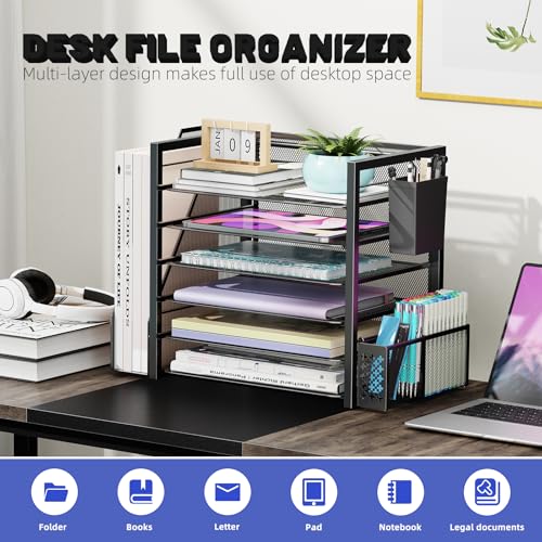 Simple Trending 6 Tier Desk File Organizer, Paper Letter Tray Organizer with File Holder and Pen Container, Black - style: 6 Tier Black-Pen Container