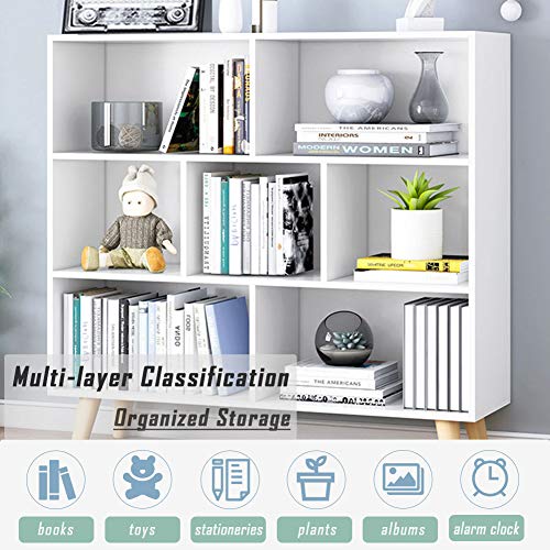 IOTXY Wooden Open Shelf Bookcase - 3-Tier Floorstanding Display Cabinet Rack with Legs, 7 Cubes Free Standing Bookshelf, Warm White - color: Warm White, size: 80CM