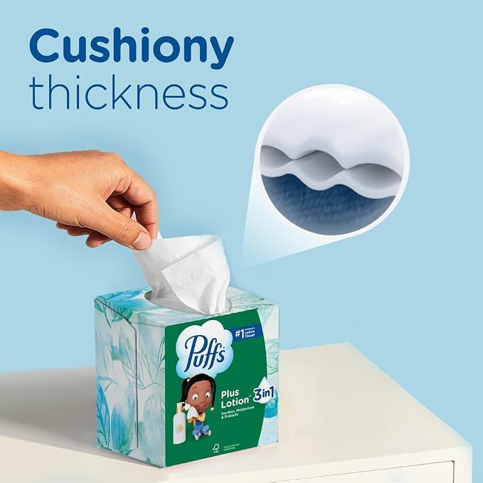 Puffs Facial Tissues Plus Lotion 24 Family Rectangle Boxes 124 Facial Tissues per Box Allergies and Colds (Packaging May Vary)