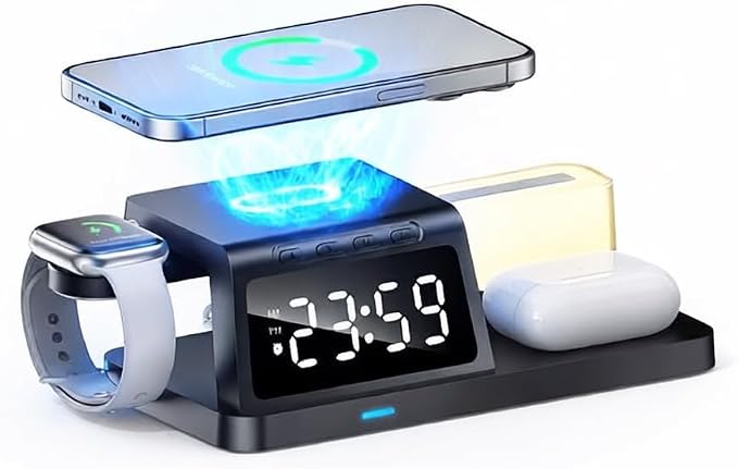 IHAO 3in1 Multifunctional Foldable Wireless Charging Station with LED Ambient Night Light Fast QC3.0 Charger for Phone iWatch Headphone Space-Saving Auto-Shutoff &amp Overcharge Protection-Black