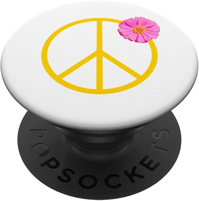 Pretty Pink Flower on Yellow Peace Sign PopSockets Adhesive PopGrip