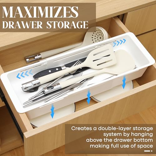 1 Pack Deep Drawer Organizer Bins, Sliding Drawer Organizer Bin Expandable and Adjustable Tray for Kitchen Utensils, Towels, BBQ Tools, Durable Plastic Sliding for Easy Storage (17.4-27.6") - size: 17.4-27.6"