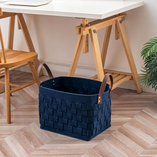 boldmonkey Blankets Basket 16.5 " x13 x13 , Extra Large Rectangular Laundry Hamper with Leather Handle, Soft Dog Toy Basket for Storage-Navy Blue - color: Navy Blue