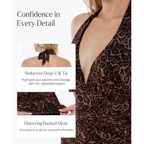 Popilush One Piece Swimsuit Women - Tummy Cnotrol Halter V Neck Leopard Swimsuits Push Up Bathing Suit Built in Shapewer