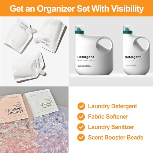 FEXIA 3+2 Pack Laundry Pods Containers and Dryer Sheet Holder with Laundry Detergent Dispenser Laundry Room Organization Storage Containers with Lids and Labels for Scent Booster,Powder,Pods