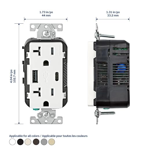 Leviton Type A &amp Type-C USB In-Wall Charger with 20A Tamper-Resistant Outlet USB Charger for Smartphones and Tablets. Not for Laptops T5833-E Black