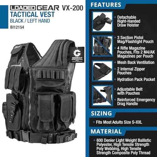 Barska Loaded Gear VX-200 Left Hand Tactical Vest with Holster, Belt, Pouches, and Pockets - for Airsoft, Paintball, and Hunting