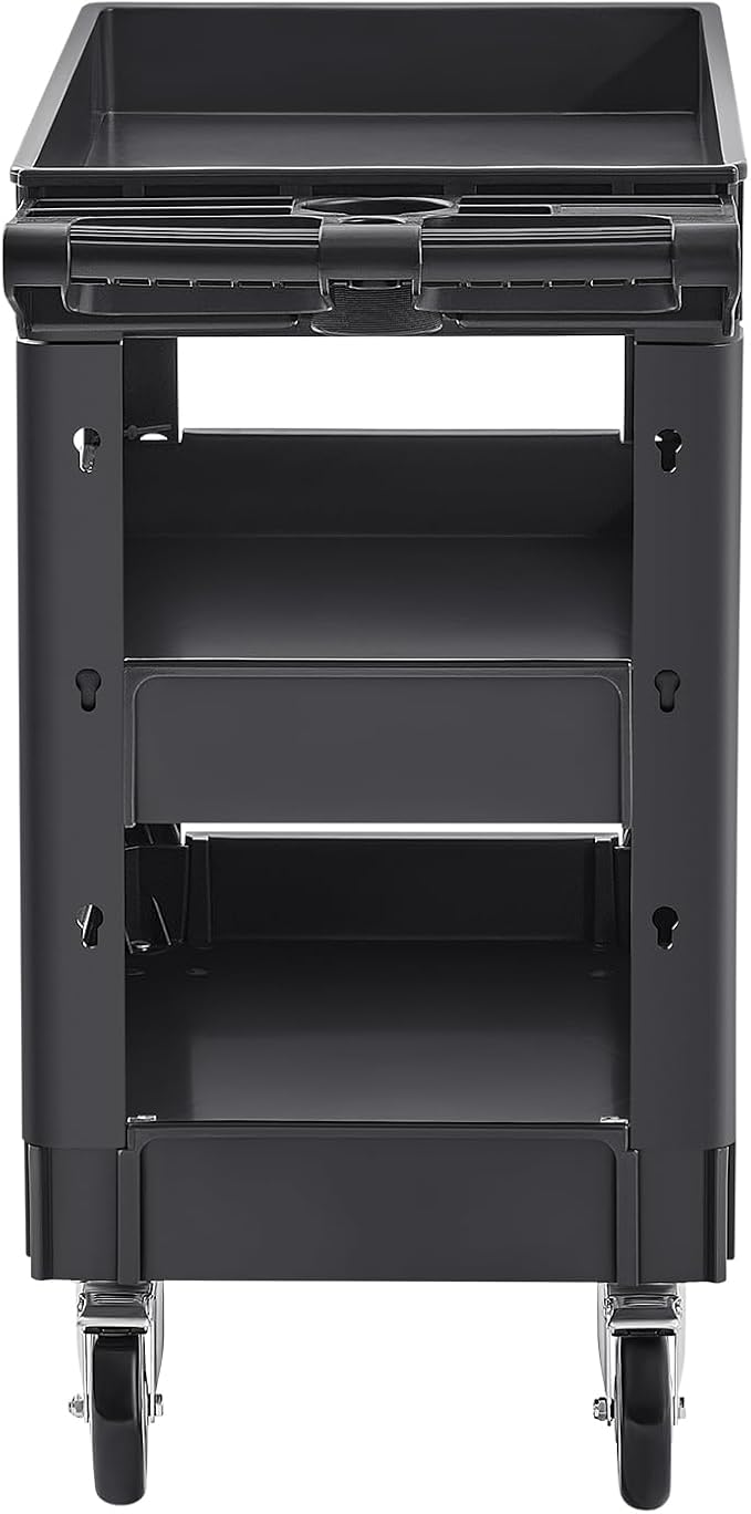 VEVOR Utility Cart, 3-Tier Plastic Service Cart with 550LBS Capacity, 360° Swivel Casters (Including 2 Locking Wheels), Medium Lipped Shelves, Ergonomic Handle, for Garage, Warehouse, Cleaning Tasks