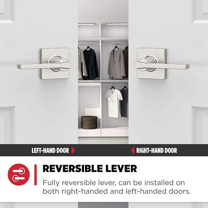 Kwikset Casey Hallway Passage and Bed/Bath Privacy Door Handle 6 Pack, 3 Passage Levers and 3 Privacy Levers, Satin Nickel Reversible Interior Handles with Microban Protection
