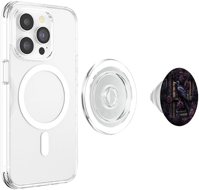 Dark Gothic Bookshelf with Raven and Moody Purple Roses PopSockets Adhesive PopGrip
