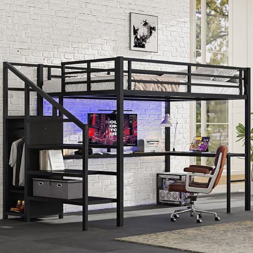 Bellemave Queen Loft Bed with Desk & Wardrobe, Heavy Duty Metal Loft Beds Frame with Storage Stairs, LED Loft Bed Queen Size with Charging Station & Safety Guardrails, No Box Spring Needed, Black - color: Black, size: Queen