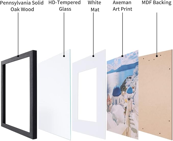 Axeman 12x16 Picture Frame with Mat for 8.5x11, Solid Oak Wood Frame w/Tempered Real Glass, Wooden Certificate Document Frame Horizontal and Vertical Formats for Wall with Wall Hook Included, Black