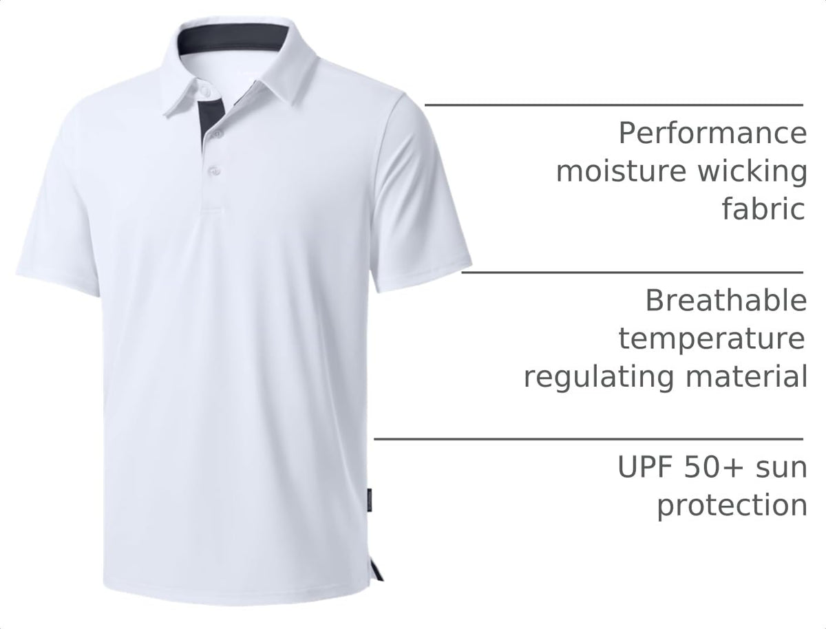 Men's Golf Shirts Dry Fit Moisture Wicking Performance Short Sleeve Collared Polo Shirts for Casual Tennis Bussiness (White, S)