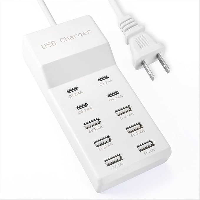 USB Charging Station with 6 USB-A and 4 USB-C Ports 50W 10A USB Charger Block for Smart Phone Tablet Laptop Multiple Devices - USB Power Strip with Auto-Detect Technology