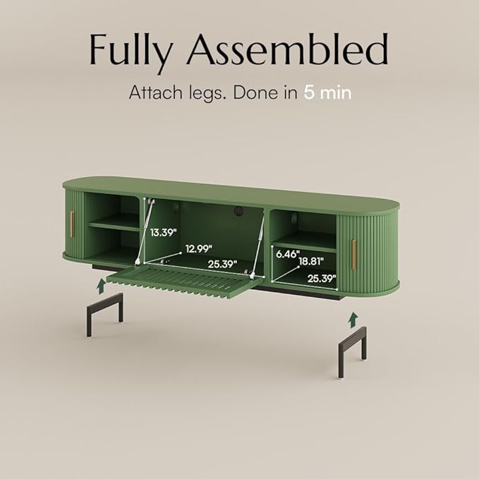 POVISON Fully-Assembled Modern Green TV Stand with Tambour Doors, Fluted TV Media Console for 65 Inch TVs, Sliding Door Entertainment Center with Storage for Living Room (Green, 70.87")