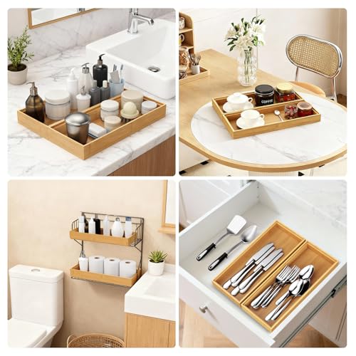 Bamboo Drawer Organizer, Stackable Utensil Trays for Kitchen, Wood Silverware Organizer for Drawer, Set of 2-15"x6"x2"