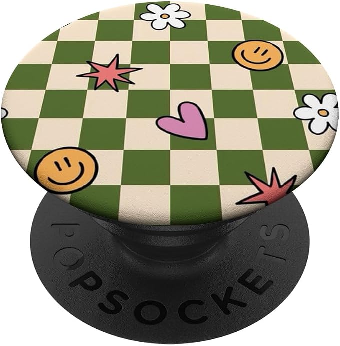 Green Checker Cute Doodle Pattern PopSockets Adhesive PopGrip