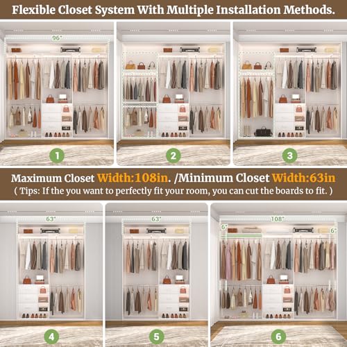 Aheaplus Closet System, Closet Organizer with 3 Wooden Drawers, 8FT Closet Organizer System, 96’’ Walk-in Closet Wardrobe Clothes Rack with Hanging Rods, Garment Rack, Fits 5.3-9 ft, -W3,White - color: White