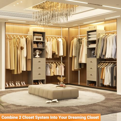Homieasy 96 Inches Closet Organizer System, 8FT Customizable Walk In Closet Organizer with Hanging Rods, 3 Drawers Garment Rack with Leather Handle , 96" L x 16" W x 75" H, Max Load 1000 LBS, Grey - color: Grey