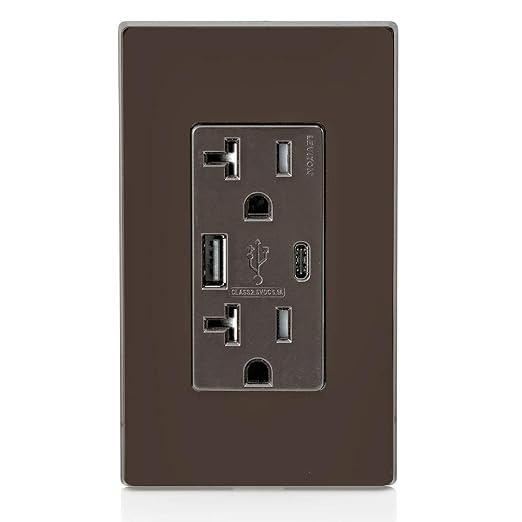 Leviton Type A &amp Type-C USB In-Wall Charger with 20A Tamper-Resistant Outlet USB Charger for Smartphones and Tablets. Not for Laptops T5833-E Black