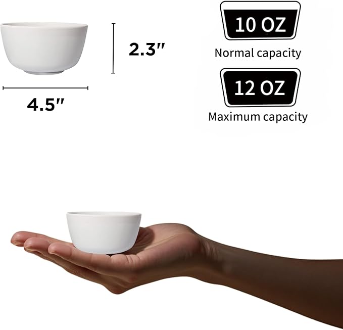 TP 10 Ounce Bowl Set of 6, 4.5" Melamine Small Bowls for Appetizer Snacks Ice Cream Dipping Sauce Side Dish, Unbreakbale and Lightweight, White