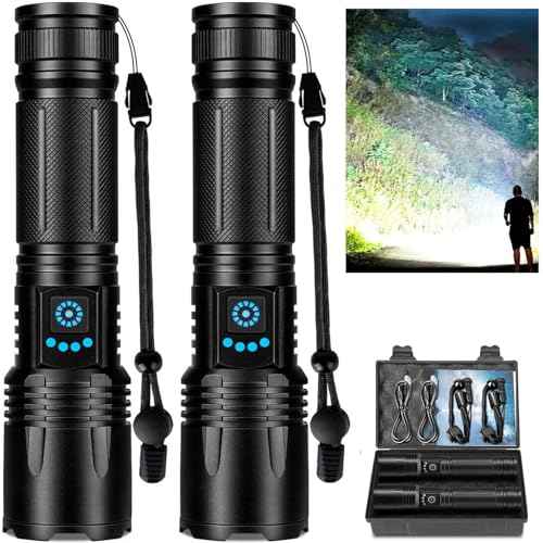 Rechargeable Flashlights High Lumens, 99,000 Lumens Super Bright Led Flashlights with 5 Modes & Waterproof, Powerful Handheld Flashlight for Camping Home (2 Pack)