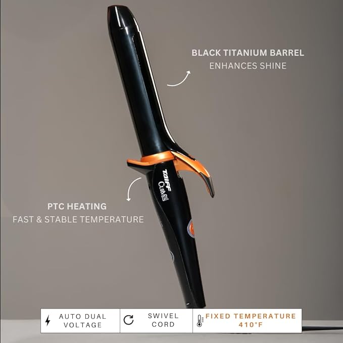TAIFF Curves Professional Black Titanium Curling Iron – High-Performance Hair Curler & Rizadora para Cabello with Dual Voltage | Fixed Temperature 410°F | 1 1/4”