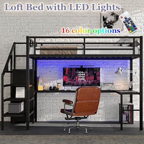 Bellemave Queen Loft Bed with Desk & Wardrobe, Heavy Duty Metal Loft Beds Frame with Storage Stairs, LED Loft Bed Queen Size with Charging Station & Safety Guardrails, No Box Spring Needed, Black - color: Black, size: Queen