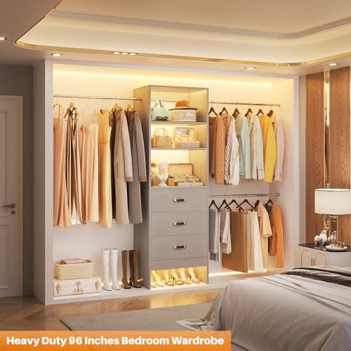 Homieasy 96 Inches Closet Organizer System, 8FT Customizable Walk In Closet Organizer with Hanging Rods, 3 Drawers Garment Rack with Leather Handle , 96" L x 16" W x 75" H, Max Load 1000 LBS, Grey - color: Grey