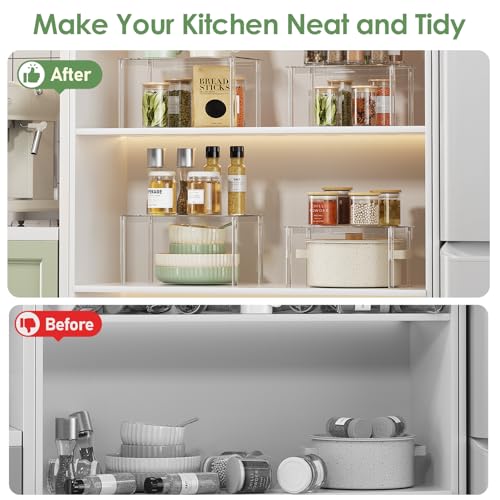 Delamu Clear Kitchen Cabinet Organizer, Set of 4 Acrylic Shelf Organizer for Cupboard Organizers and Storage, Stackable Cabinet Shelf for Plate, Dish, Bowl, Cup & Mug, 11.7" W x 7.7" D x 6.3" H - size: Set of 4