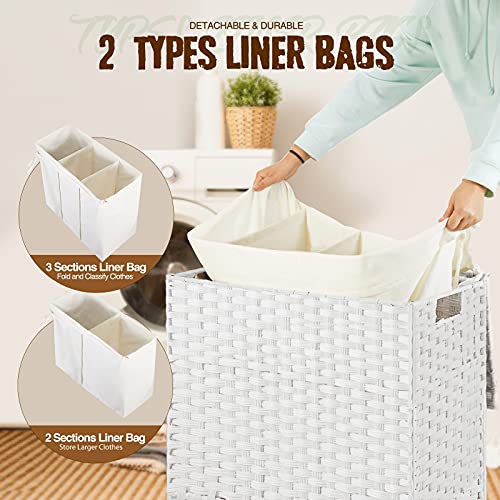 Greenstell Laundry Hamper with Lid, 125L Large Clothes Hamper with 3 Section & 2 Section Removable Liner Bags & 5 Mesh Laundry Bags, Handwoven Synthetic Rattan Divided Laundry Basket, White - color: White