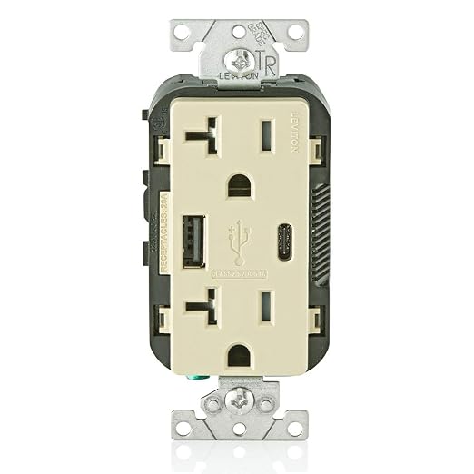 Leviton Type A &amp Type-C USB In-Wall Charger with 20A Tamper-Resistant Outlet USB Charger for Smartphones and Tablets. Not for Laptops T5833-E Black