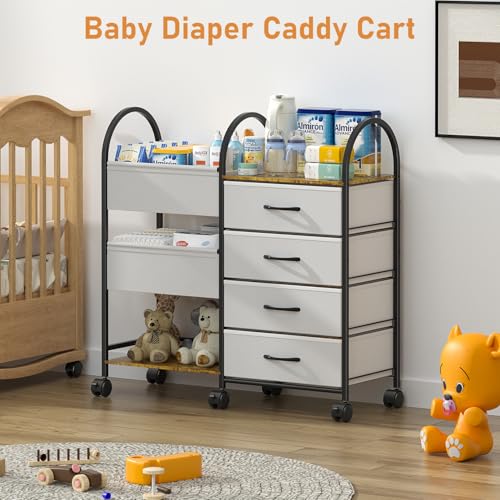Baby Diaper Caddy Organizer Cart with Wheels, 4-Tier Rolling Diaper Cart with Dividers and Drawers, Multi-Layer Nursery Storage for Diapers & Baby Essentials - color: Grey