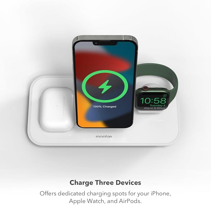 MOPHIE 3-in-1 Wireless Quick-Charger Fast Wireless Charging Dock - Magnetic Charge Stand for iPhone 16/15/14/13/12 Apple Watch Airpods Charging for Three Devices (Renewed)