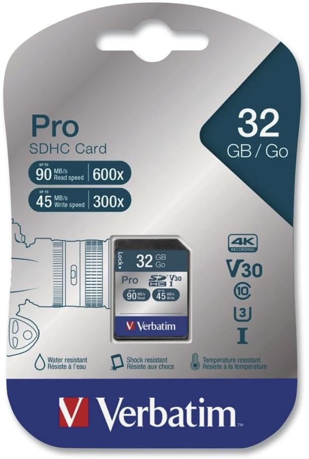 Verbatim 32GB Pro 600X SDHC Memory Card, UHS-I V30 U3 Class 10